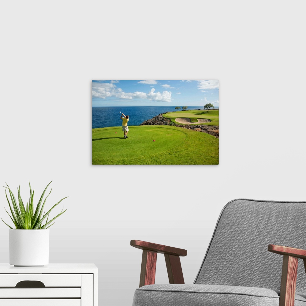 A modern room featuring Hawaii, Lanai, Man Playing Golf At The Challenge At Manele Golf Course