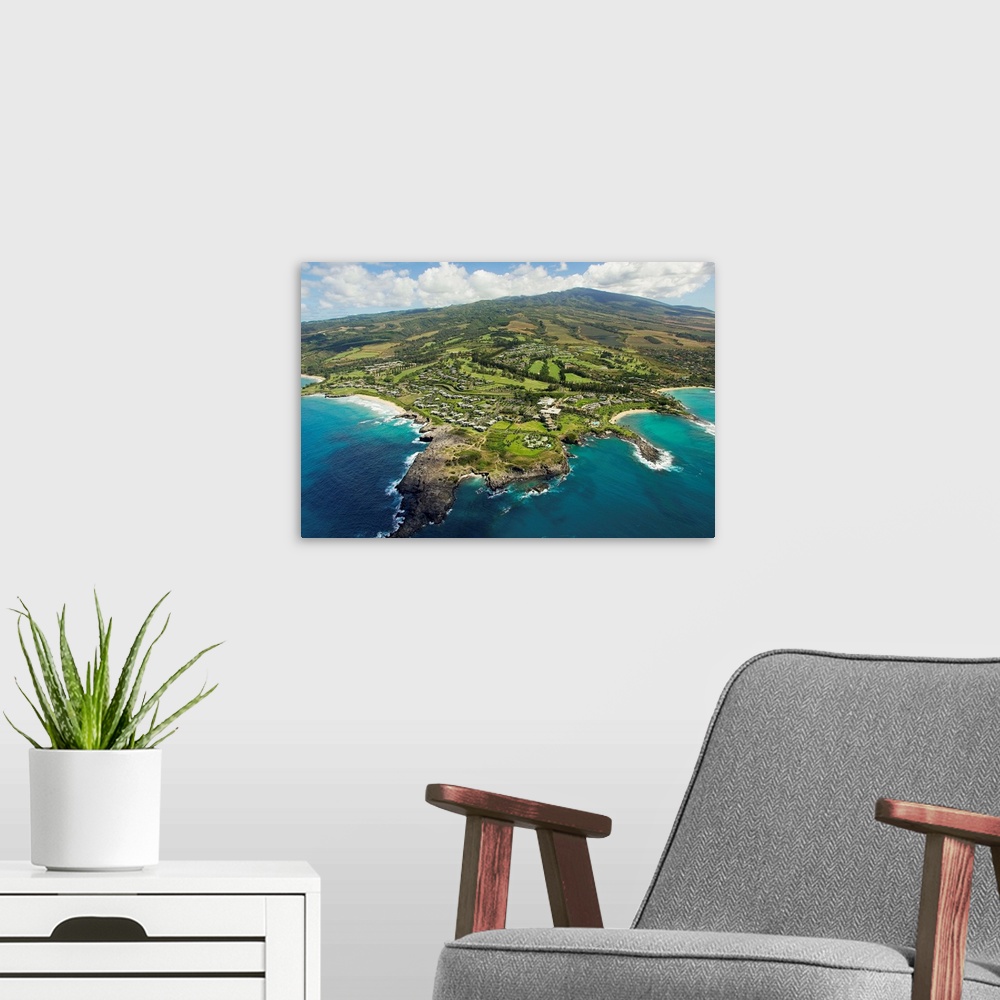 A modern room featuring Hawaii, Maui, Aerial Of Kapalua Resort Along The Ocean