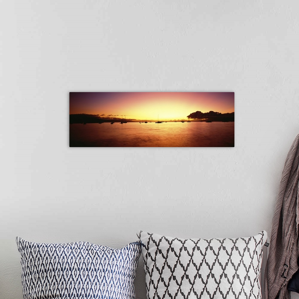 A bohemian room featuring Hawaii, Maui, Boats In Ocean Near Wharf Sihouetted Against Colorful Sunset