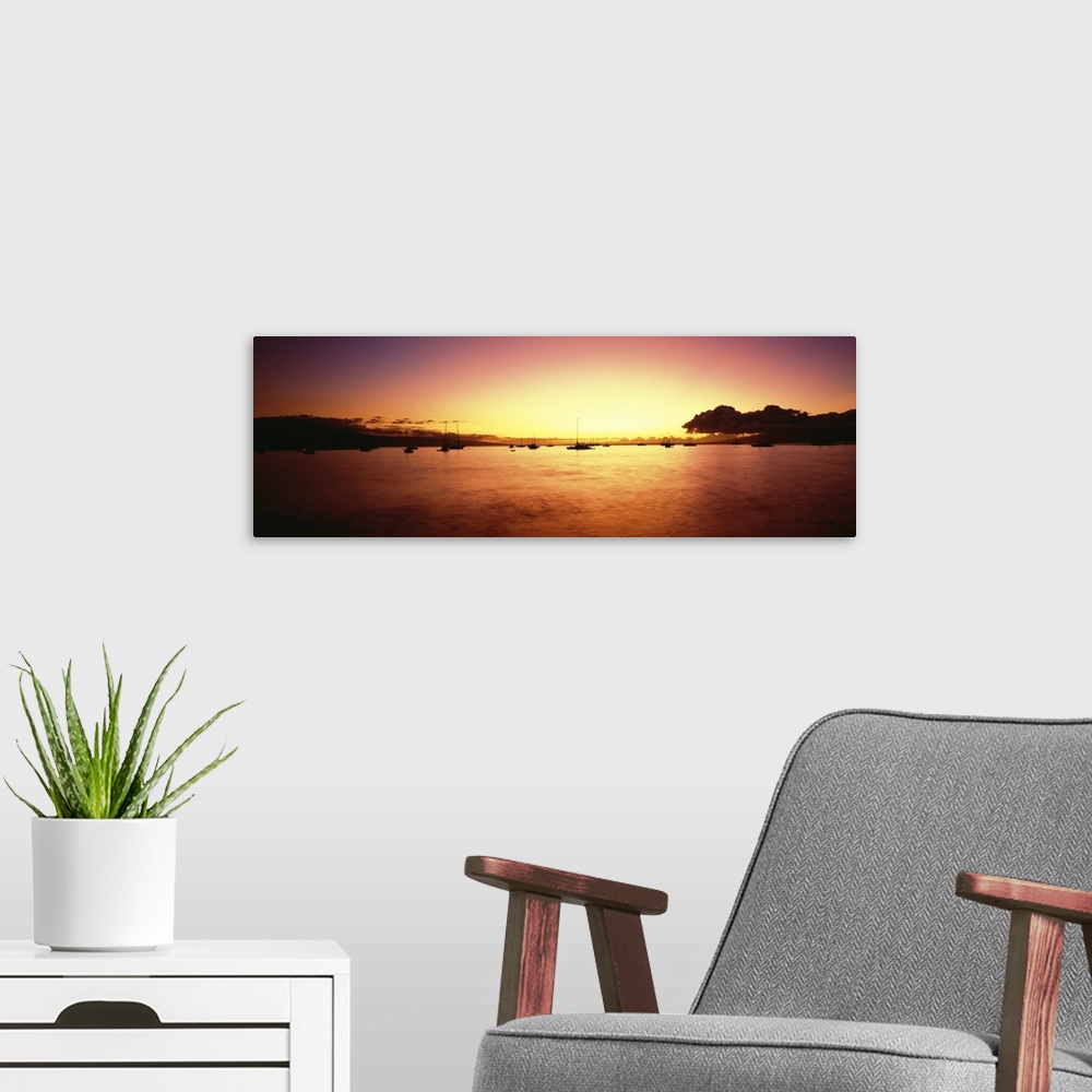 A modern room featuring Hawaii, Maui, Boats In Ocean Near Wharf Sihouetted Against Colorful Sunset