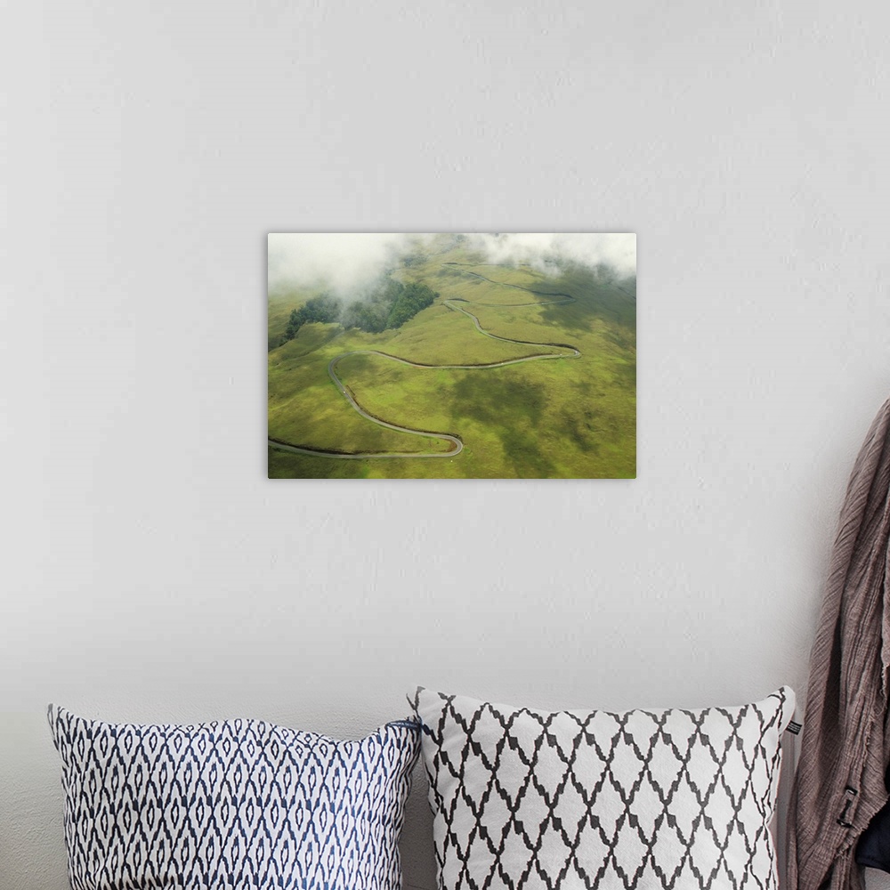 A bohemian room featuring Hawaii, Maui, Haleakala Crater, Aerial View Of A Road Winding Up A Hill