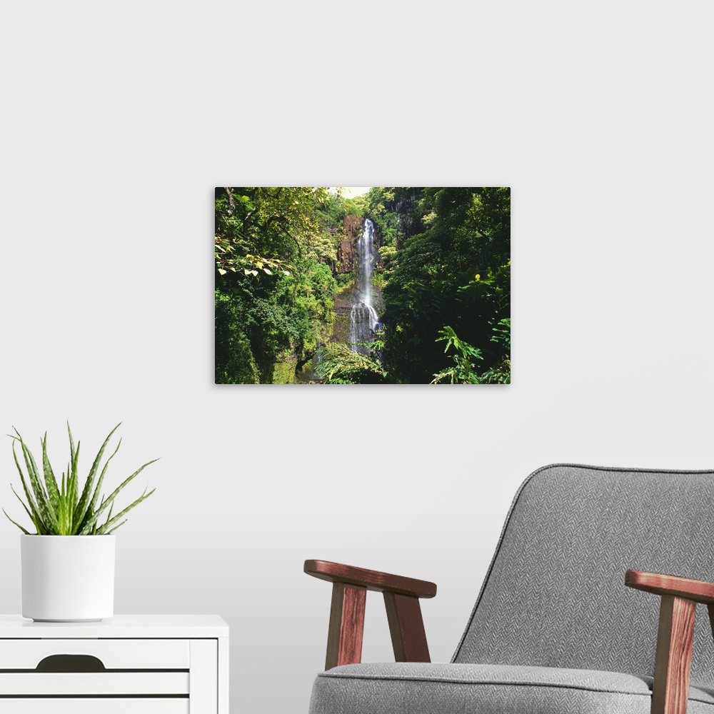 A modern room featuring Hawaii, Maui, Hana Coast, Waterfall Surrounded By Lush Greenery