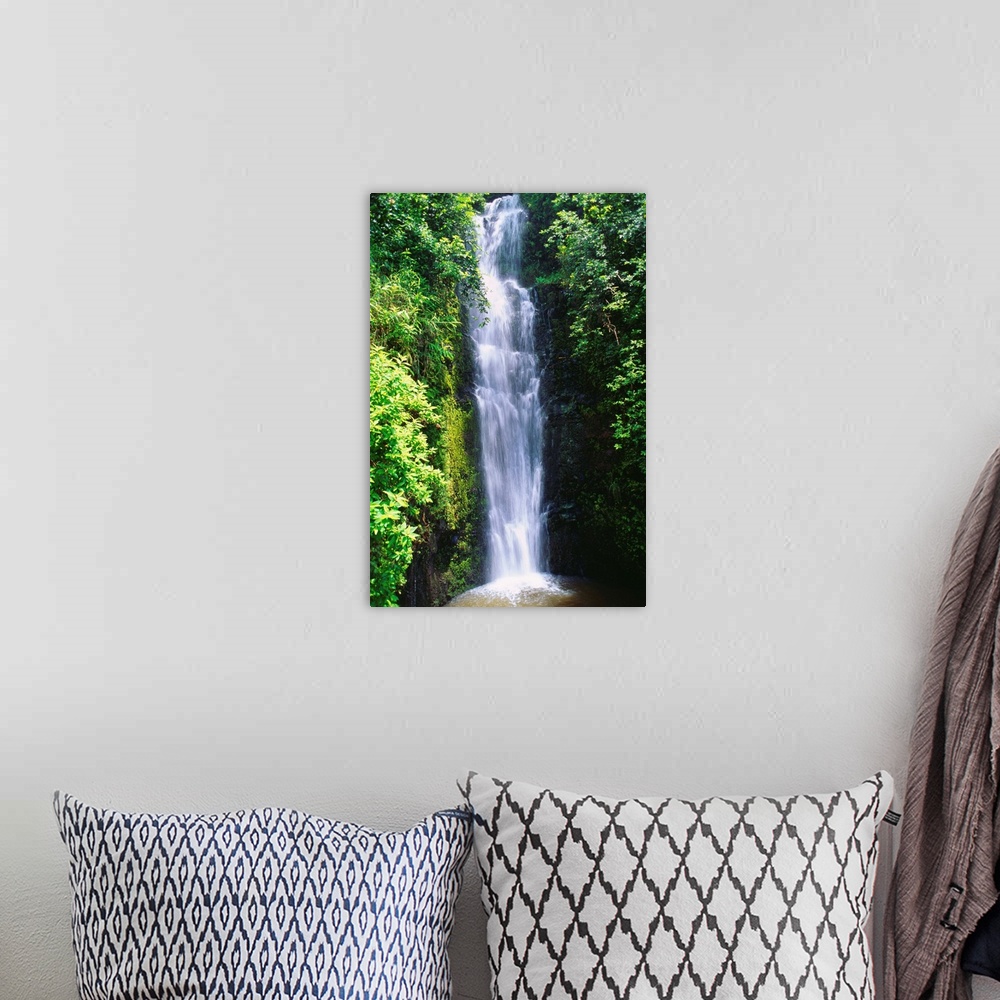A bohemian room featuring Hawaii, Maui, Hana, Wailua Falls Valley, Waterfall Surrounded By Lush Greenery