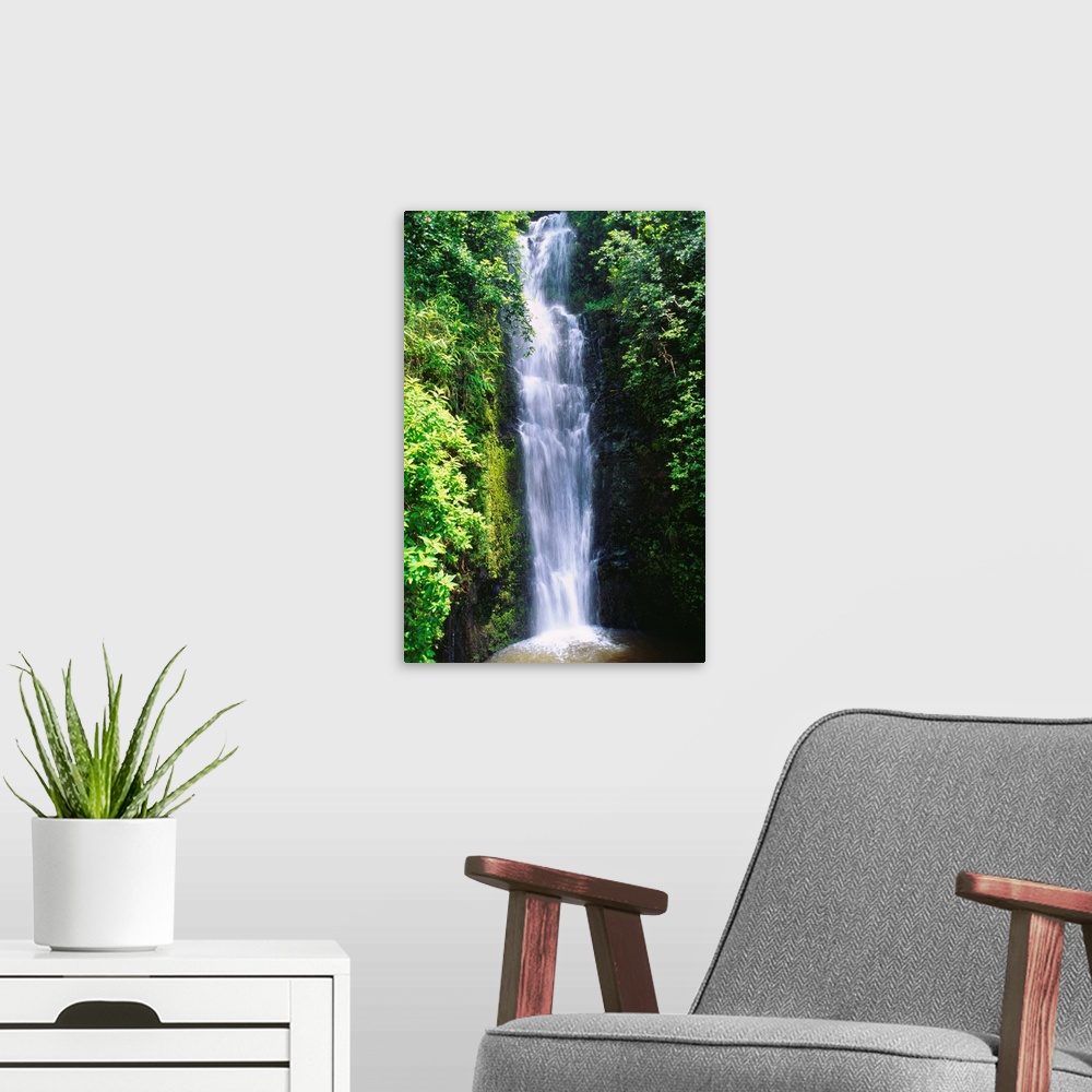 A modern room featuring Hawaii, Maui, Hana, Wailua Falls Valley, Waterfall Surrounded By Lush Greenery