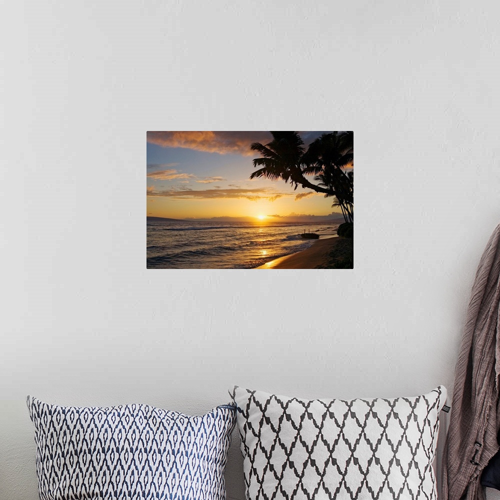 A bohemian room featuring Hawaii, Maui, Kaanapali Resort, Sunset With Beach And Palm Trees