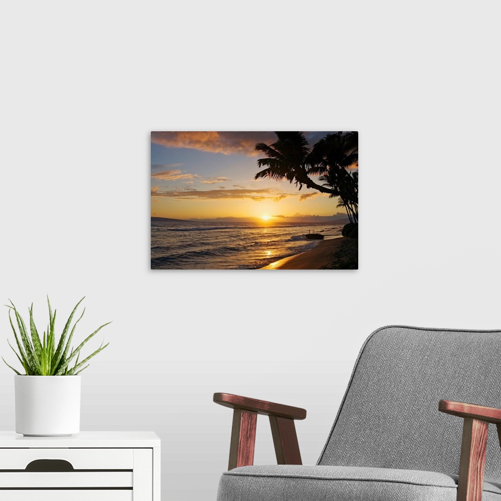 A modern room featuring Hawaii, Maui, Kaanapali Resort, Sunset With Beach And Palm Trees