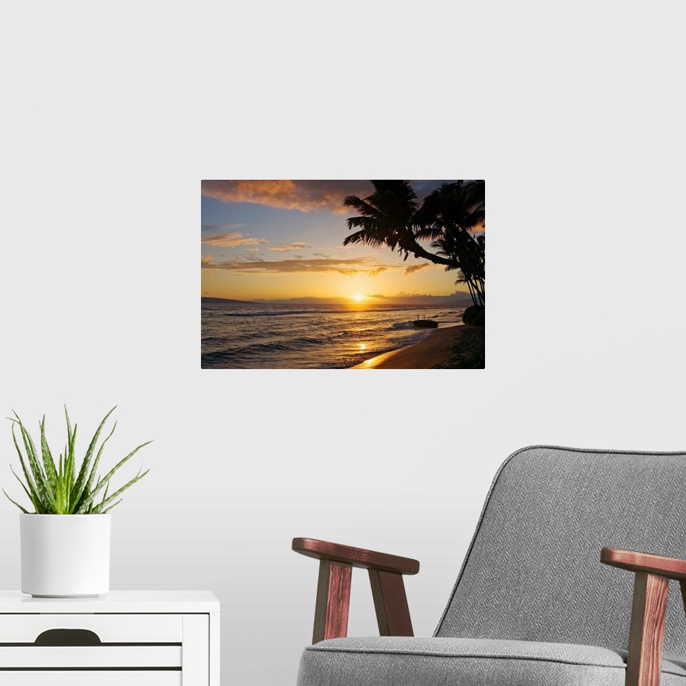 A modern room featuring Hawaii, Maui, Kaanapali Resort, Sunset With Beach And Palm Trees