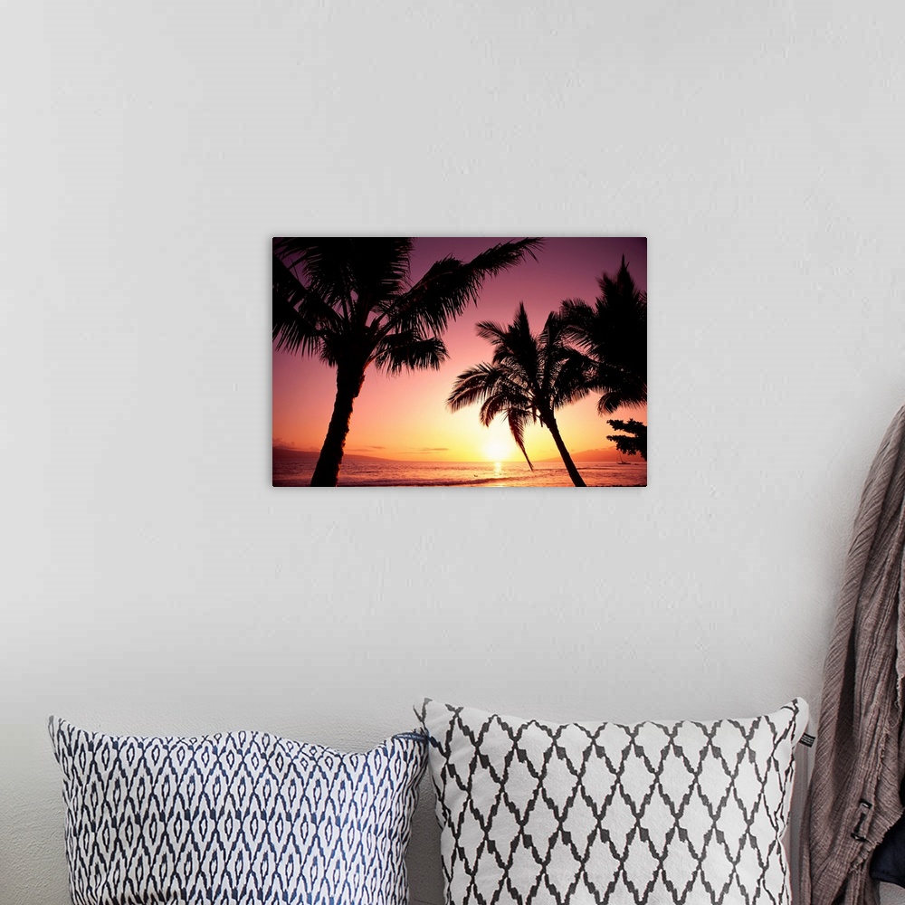 A bohemian room featuring Hawaii, Maui, Ka'anapali, Sunset With Palms And Golden Reflections On Ocean
