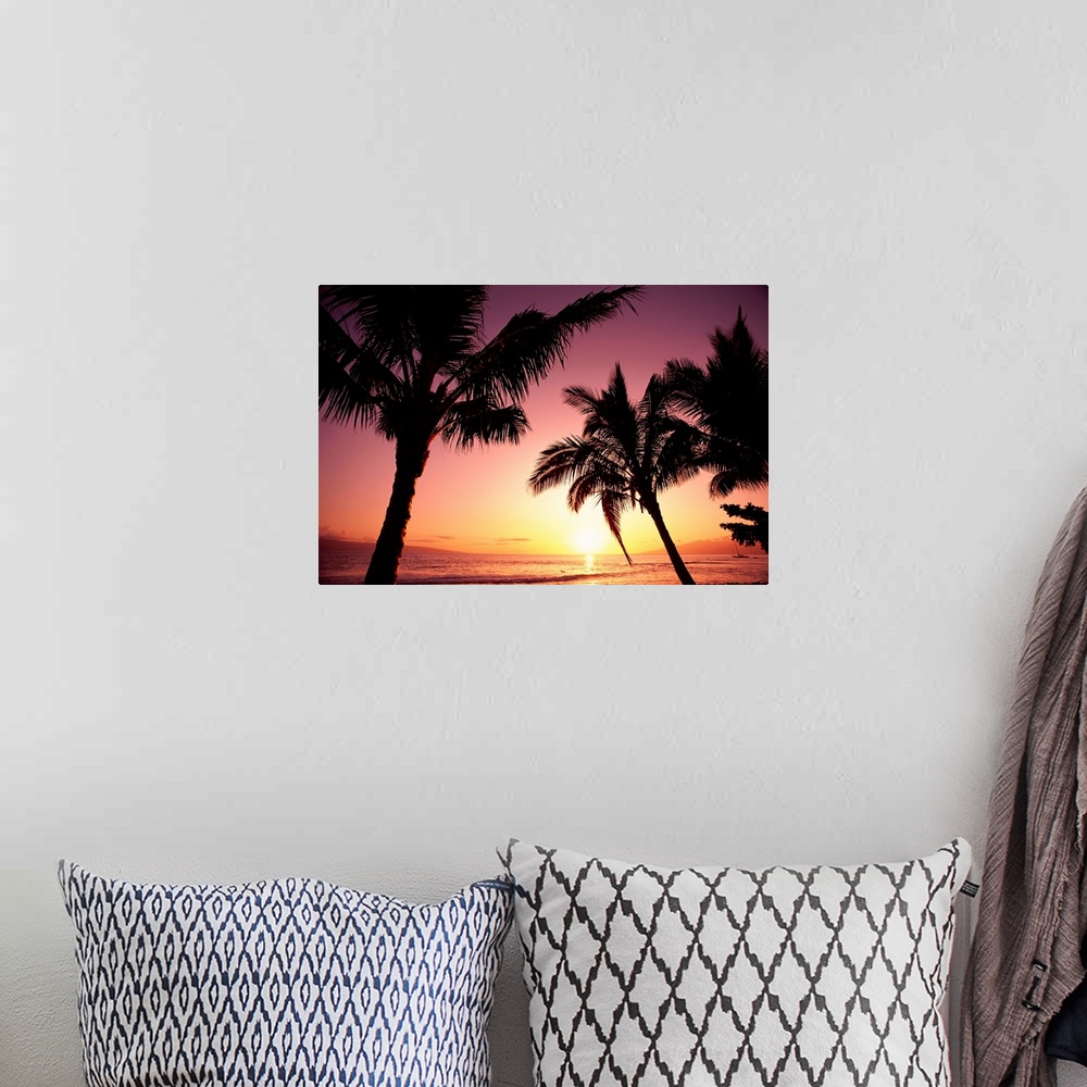 A bohemian room featuring Hawaii, Maui, Ka'anapali, Sunset With Palms And Golden Reflections On Ocean