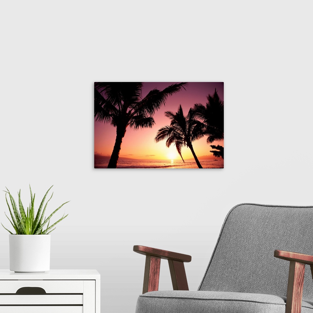 A modern room featuring Hawaii, Maui, Ka'anapali, Sunset With Palms And Golden Reflections On Ocean
