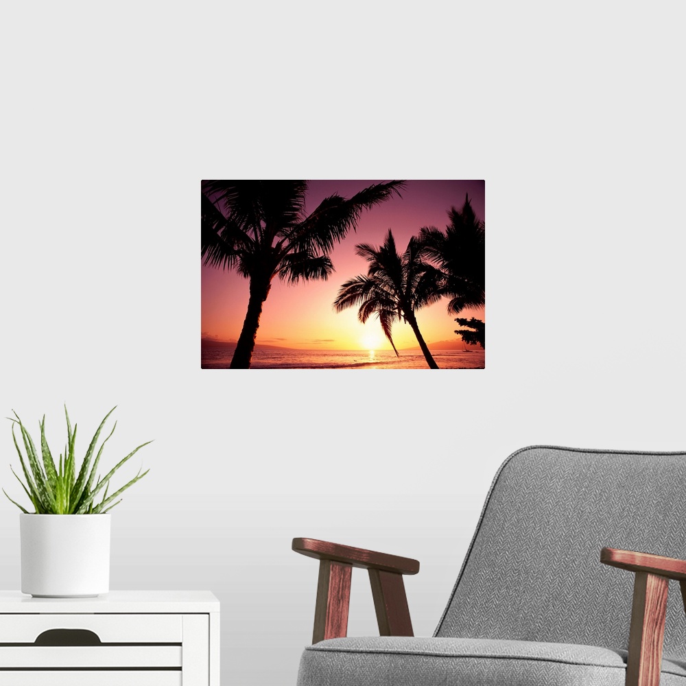 A modern room featuring Hawaii, Maui, Ka'anapali, Sunset With Palms And Golden Reflections On Ocean