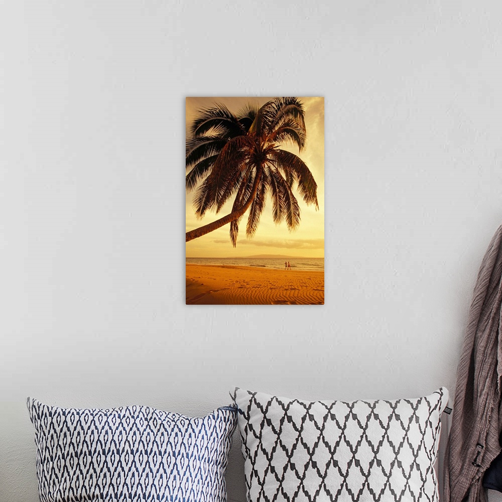 A bohemian room featuring Hawaii, Maui, Kamaole Beach, At Sunset, Two Women Walk Along Shoreline