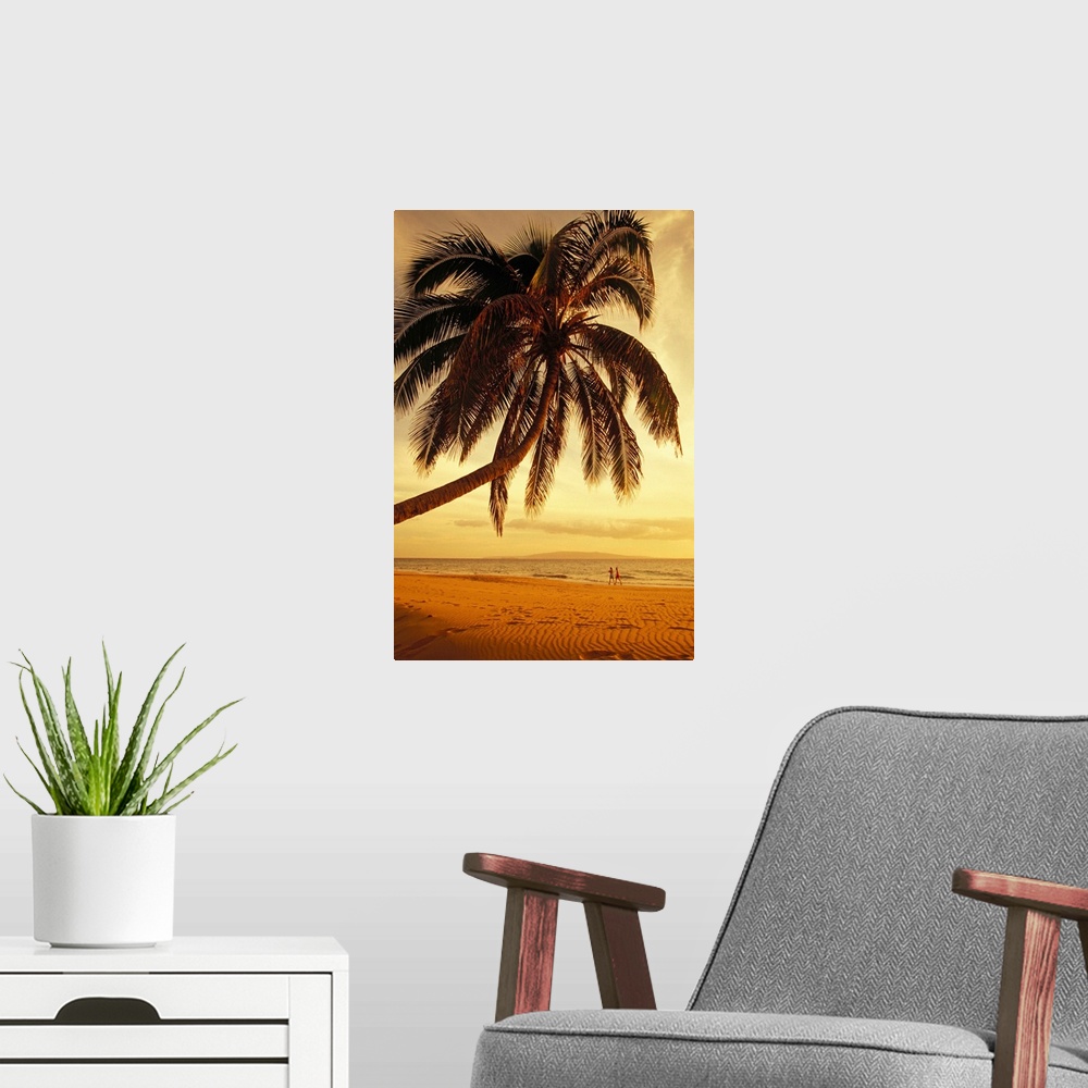 A modern room featuring Hawaii, Maui, Kamaole Beach, At Sunset, Two Women Walk Along Shoreline
