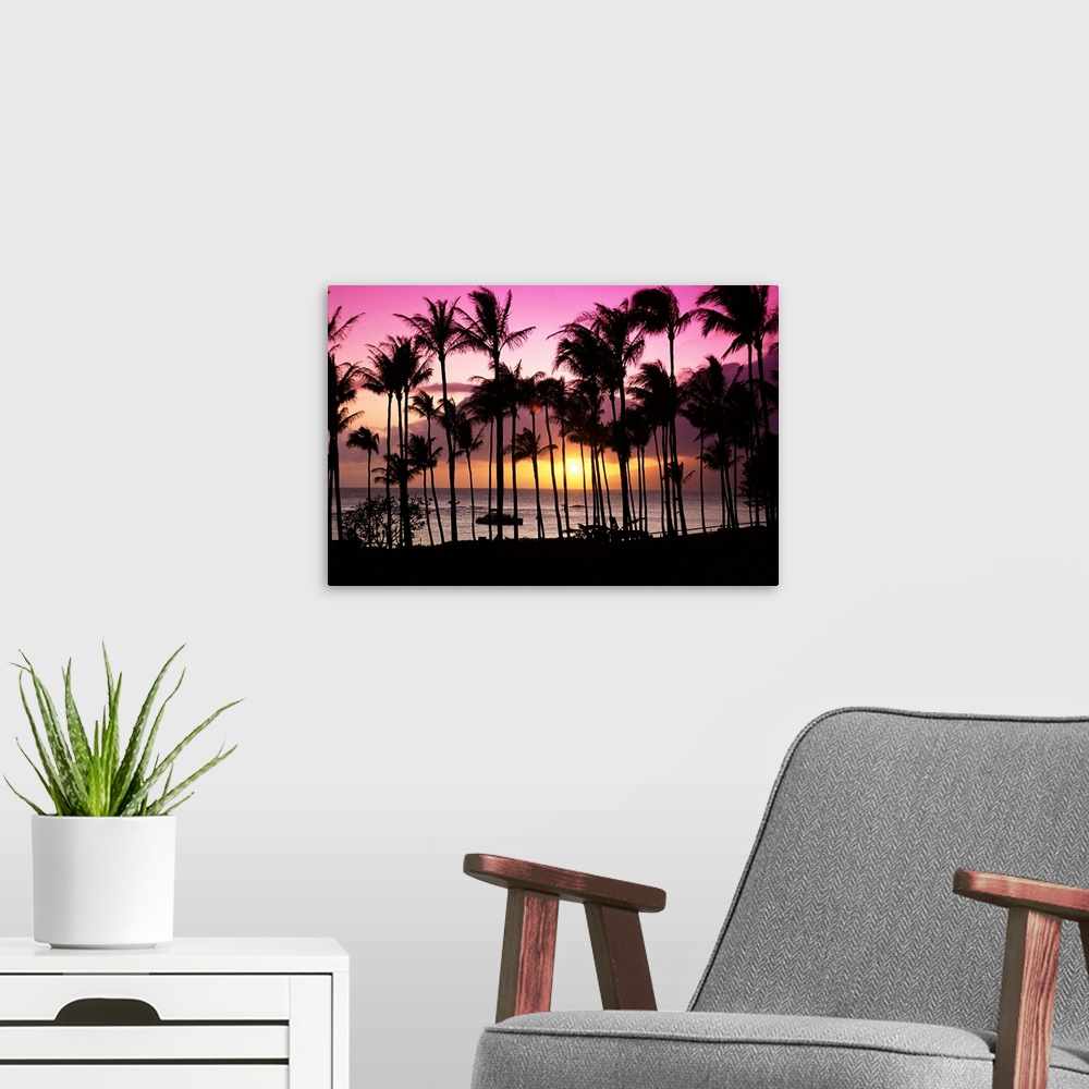 A modern room featuring Hawaii, Maui, Kapalua Bay, Tropical Sunset, Palms Silhouette