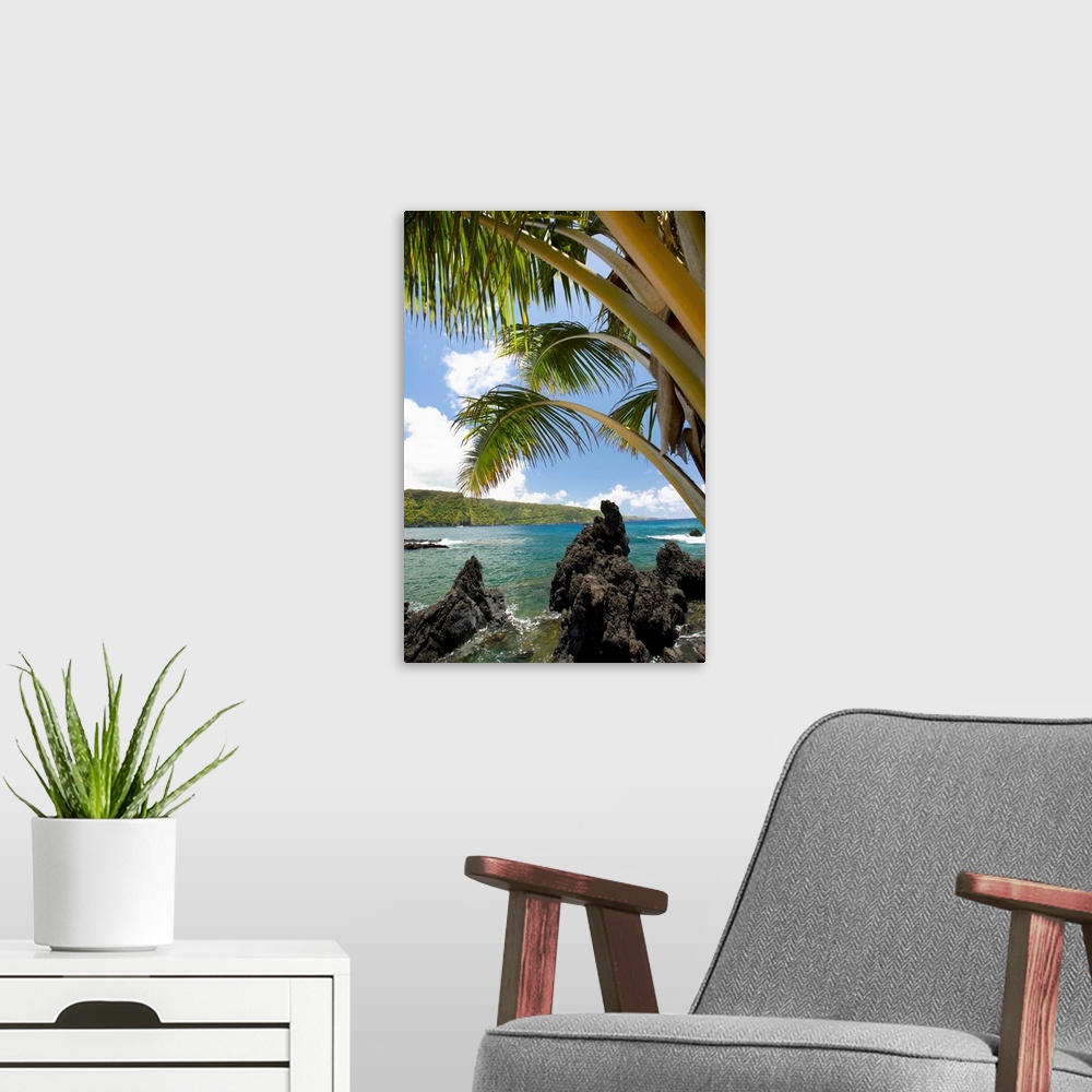 A modern room featuring Hawaii, Maui, Keanae, Sunny blue skies light up the lush coast