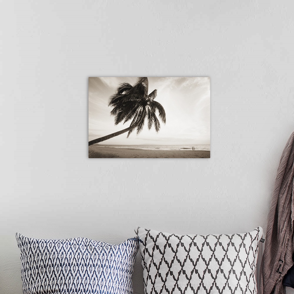 A bohemian room featuring Hawaii, Maui, Kihei, Palm tree over beach, Couple along shoreline in distance