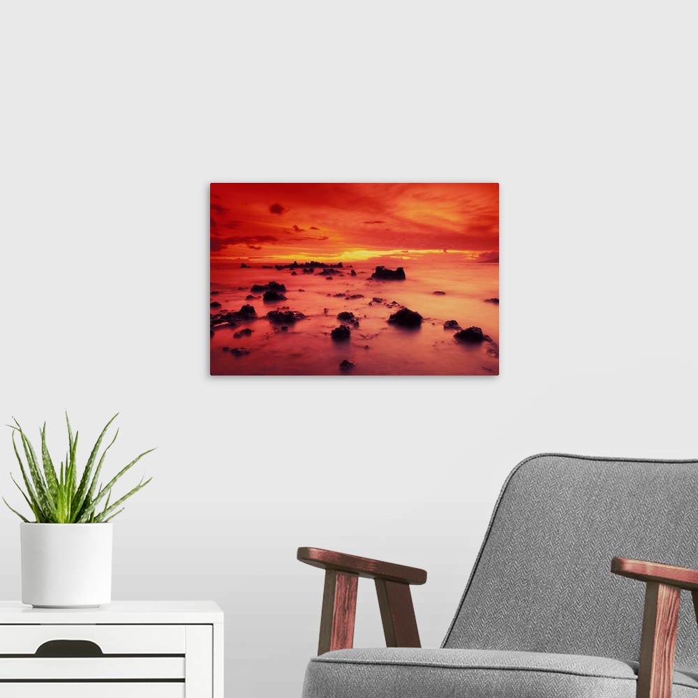 A modern room featuring Hawaii, Maui, Lava Rock Beach At Sunset With Dramatic Red Yellow Sky And Shore