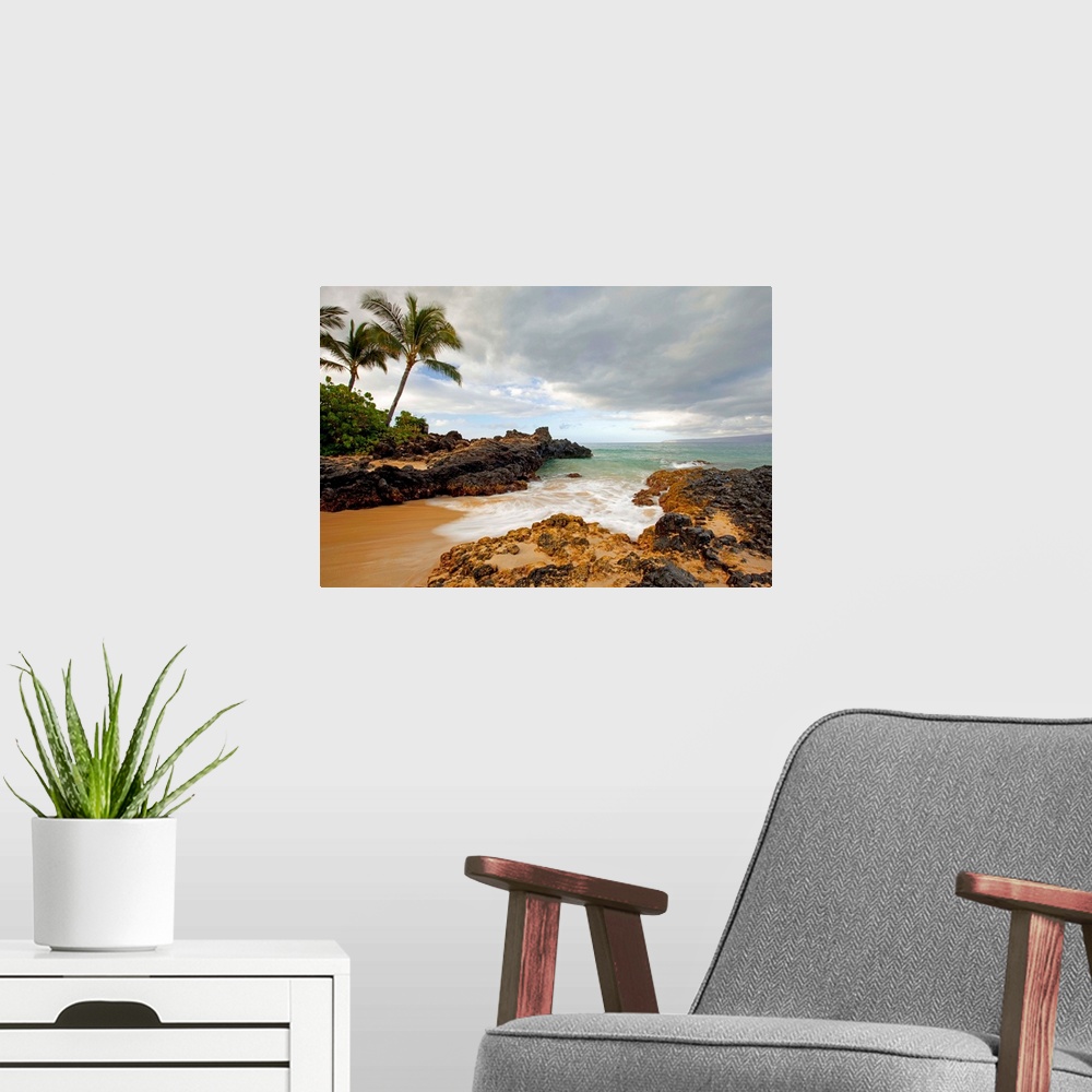 A modern room featuring Photograph of a sandy break in the rocky coast as water rushes in to the cove with palm trees on ...
