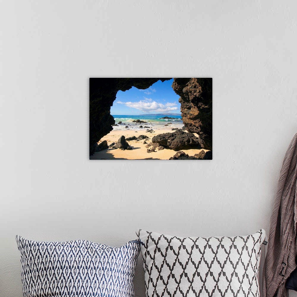 A bohemian room featuring Hawaii, Maui, Makena, View From Secret Beach Of Kahoolawe Framed By Lava Tube