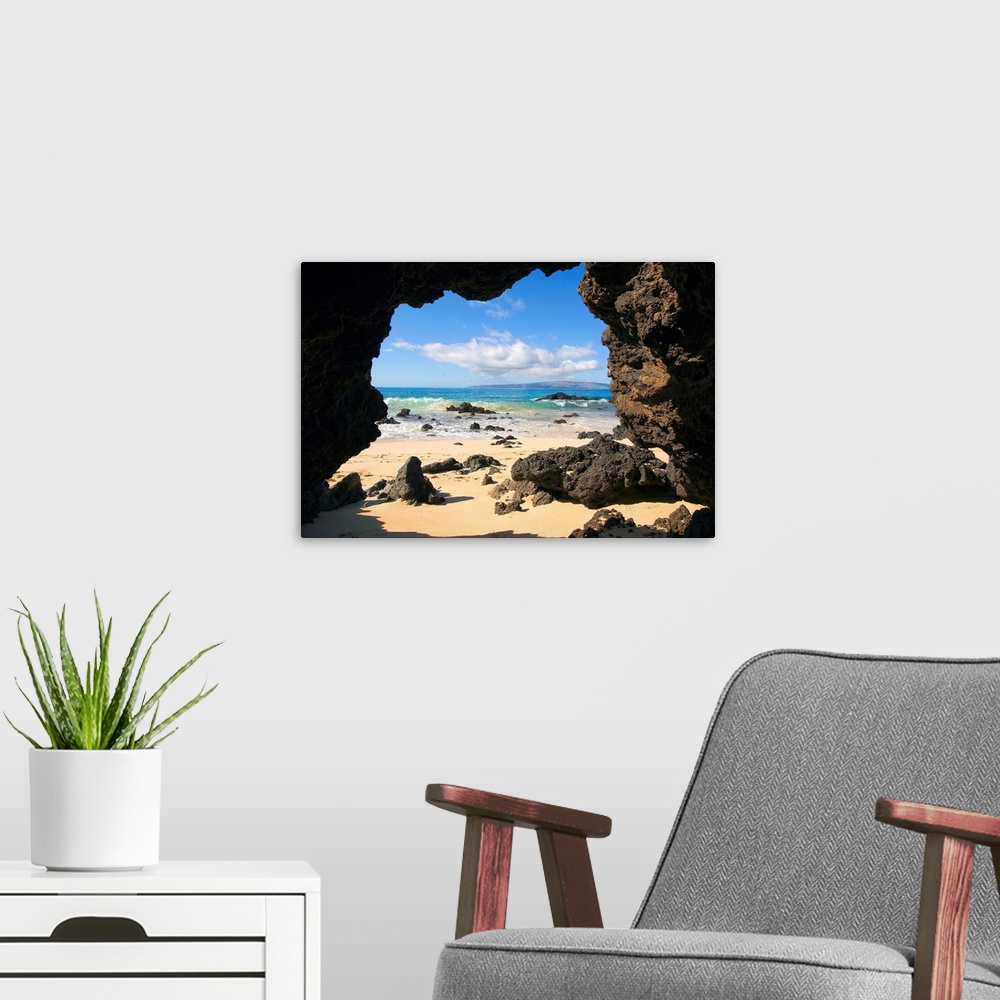 A modern room featuring Hawaii, Maui, Makena, View From Secret Beach Of Kahoolawe Framed By Lava Tube