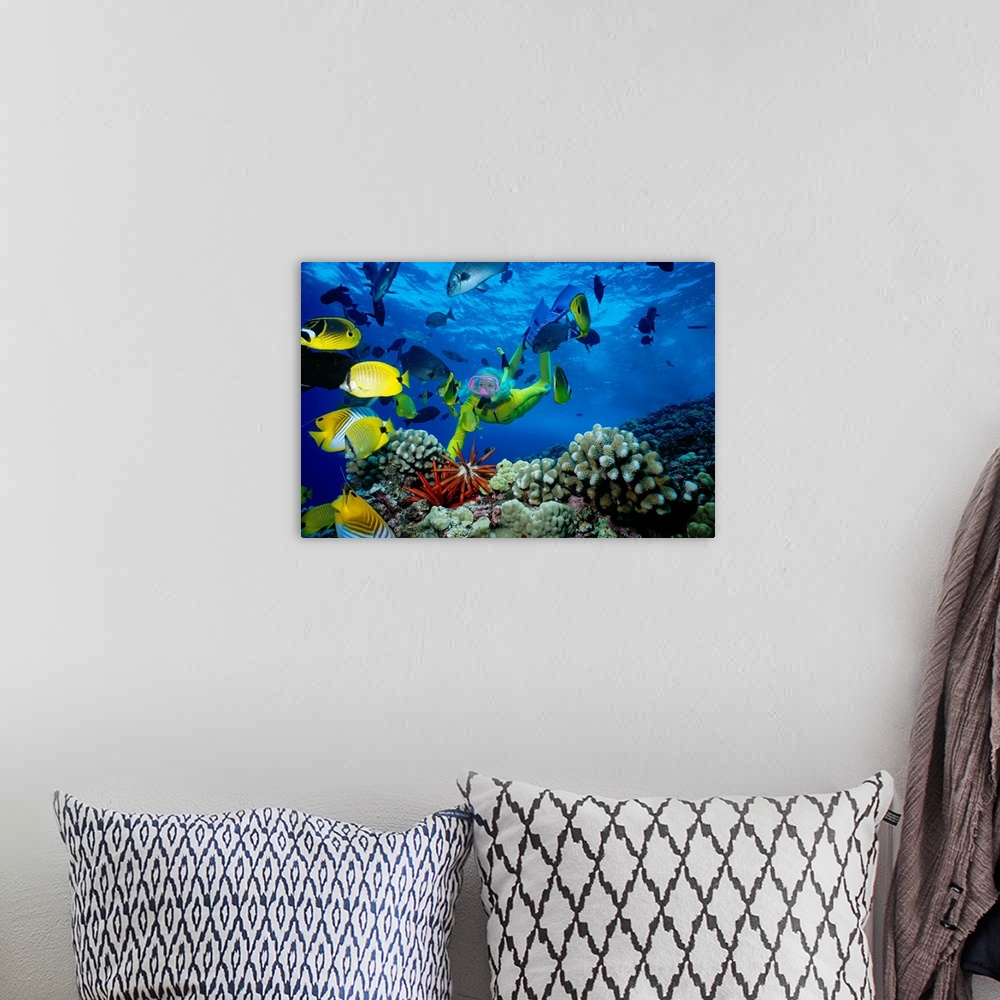 A bohemian room featuring Hawaii, Maui, Molokini Crater, Woman In Yellow Dive Suit Snorkels Over Reef