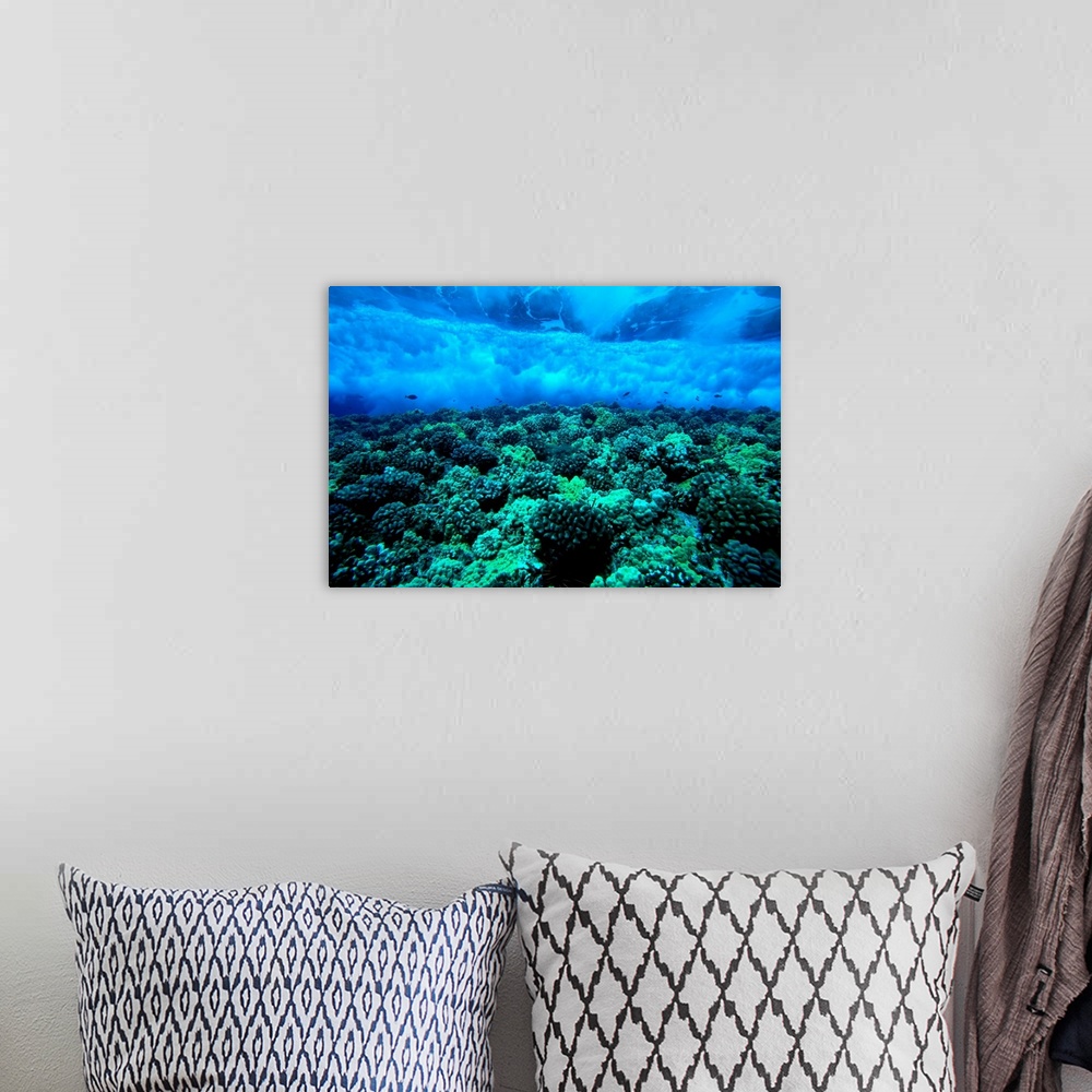 A bohemian room featuring Hawaii, Maui, Molokini Island, Underwater View Of Wave Breaking Over Shallow Reef