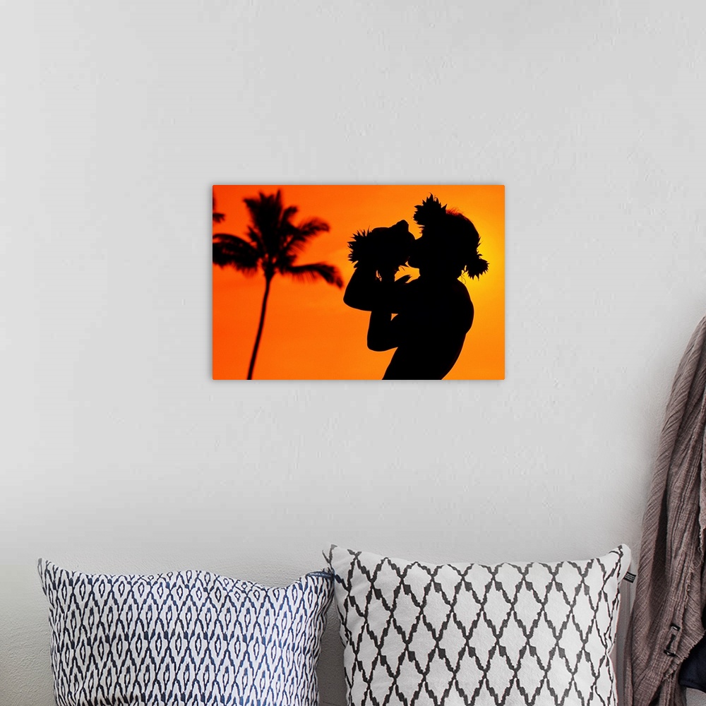 A bohemian room featuring Hawaii, Maui, Napili, Silhouette Of Man Blowing Conch Shell At Sunset