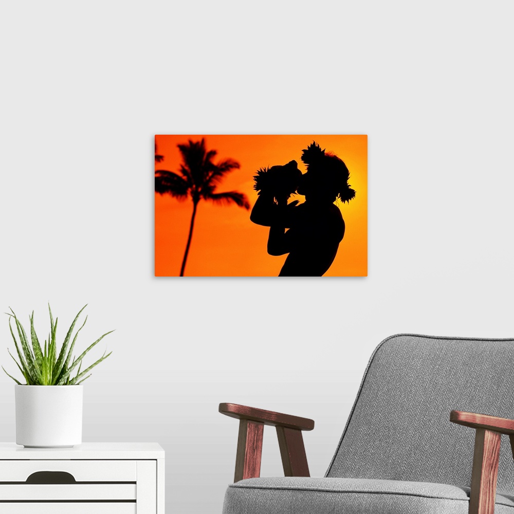 A modern room featuring Hawaii, Maui, Napili, Silhouette Of Man Blowing Conch Shell At Sunset
