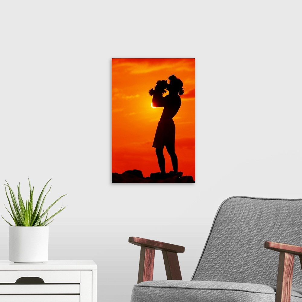 A modern room featuring Hawaii, Maui, Napili, Silhouette Of Man Blowing Conch Shell At Sunset