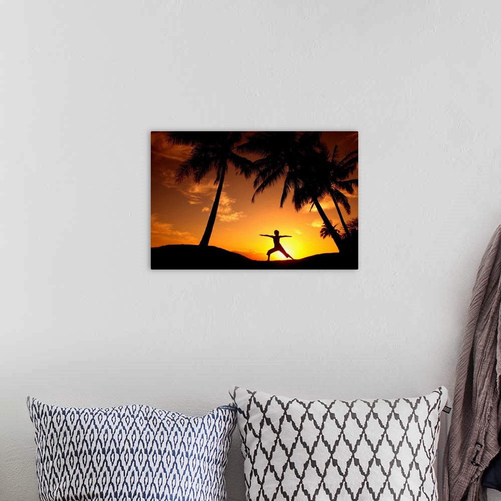 A bohemian room featuring Hawaii, Maui, Olowalu, Woman Doing Yoga At Sunset Under Palm Tree