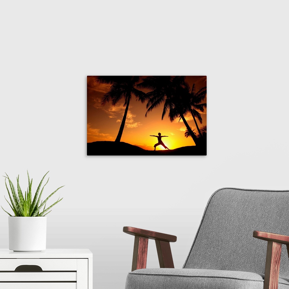 A modern room featuring Hawaii, Maui, Olowalu, Woman Doing Yoga At Sunset Under Palm Tree