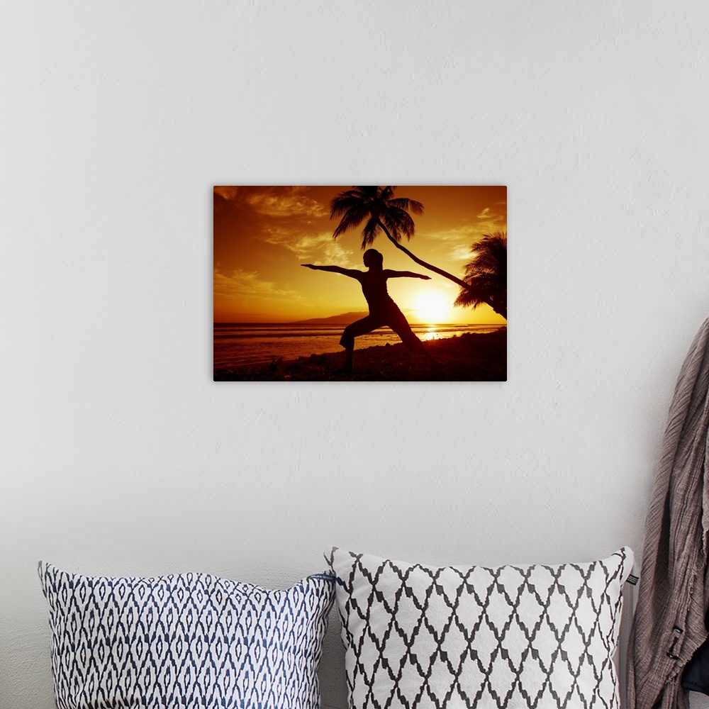 A bohemian room featuring Hawaii, Maui, Olowalu, Woman Doing Yoga By The Ocean At Sunset