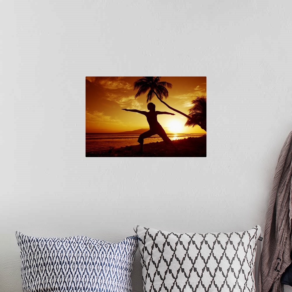 A bohemian room featuring Hawaii, Maui, Olowalu, Woman Doing Yoga By The Ocean At Sunset