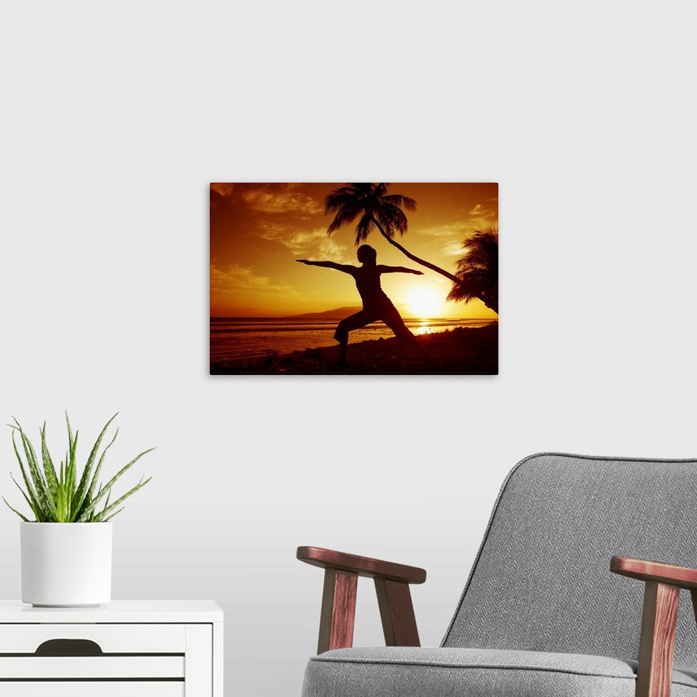 A modern room featuring Hawaii, Maui, Olowalu, Woman Doing Yoga By The Ocean At Sunset