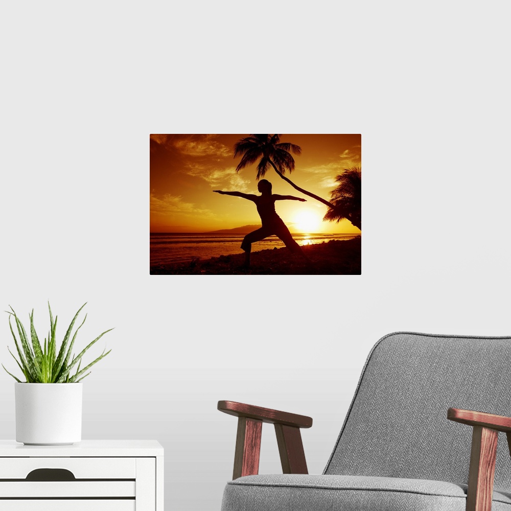 A modern room featuring Hawaii, Maui, Olowalu, Woman Doing Yoga By The Ocean At Sunset