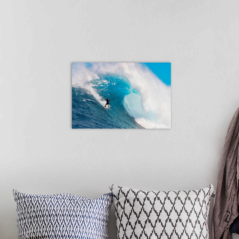 A bohemian room featuring Hawaii, Maui, Peahi Or Jaws, Surfer On A Huge Wave