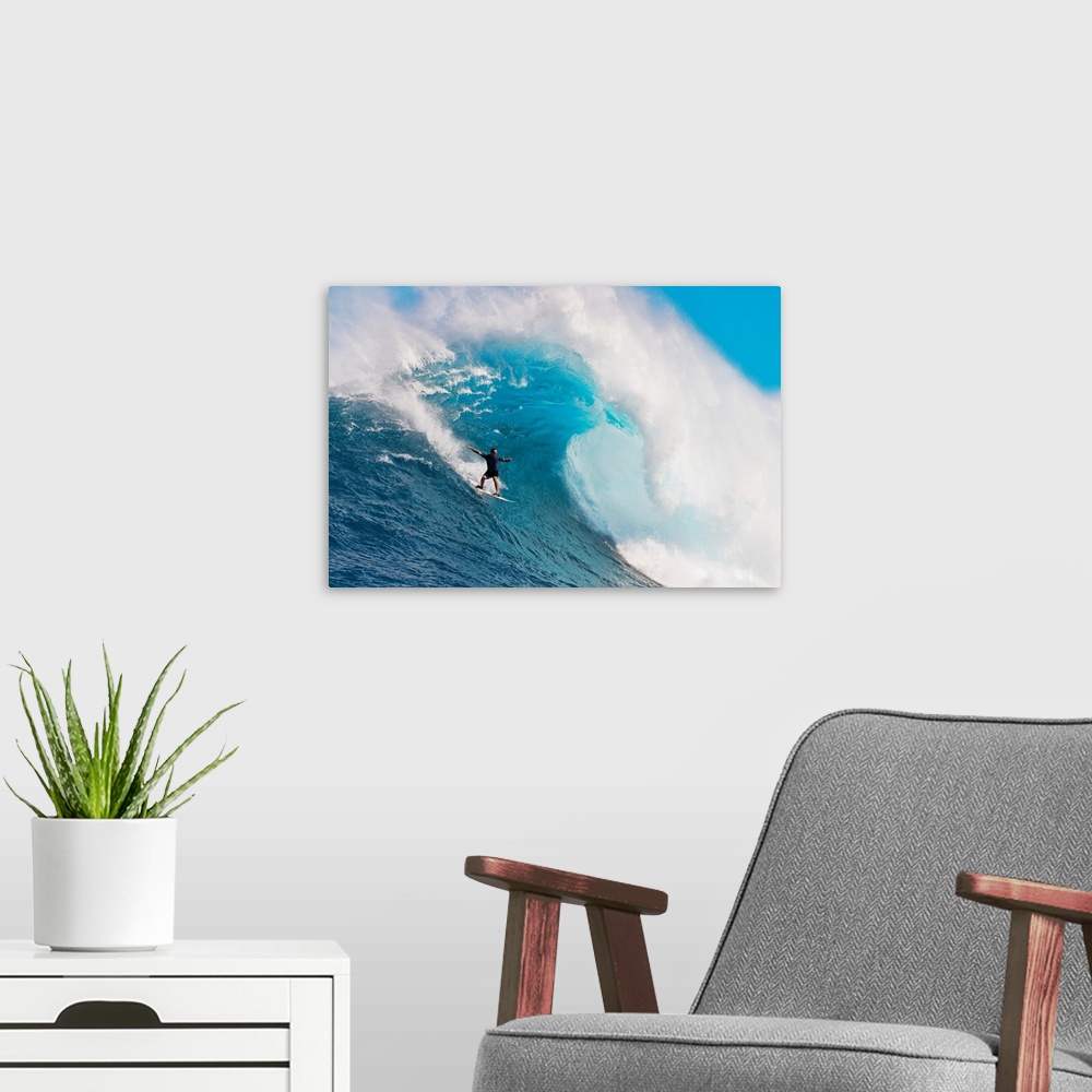 A modern room featuring Hawaii, Maui, Peahi Or Jaws, Surfer On A Huge Wave