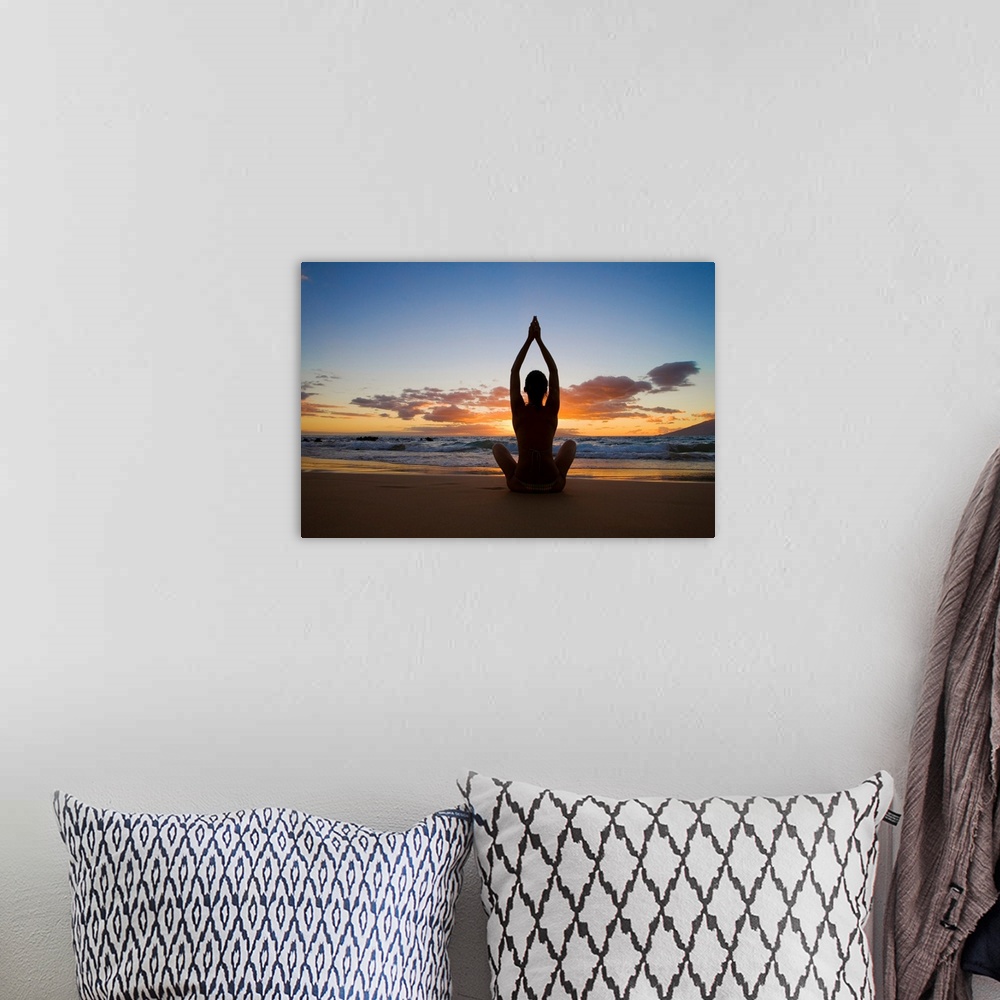 A bohemian room featuring Hawaii, Maui, Silhouette Of Beautiful Girl Doing Yoga On The Beach