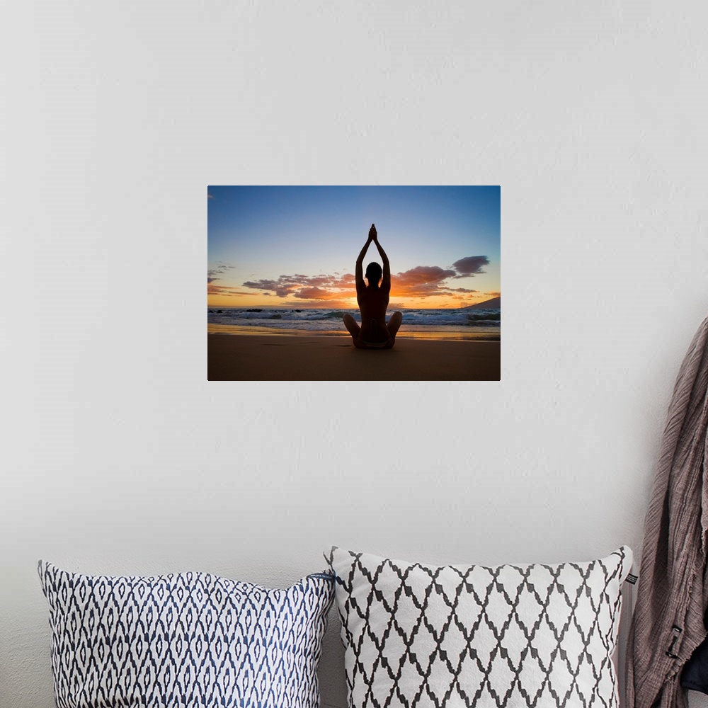 A bohemian room featuring Hawaii, Maui, Silhouette Of Beautiful Girl Doing Yoga On The Beach