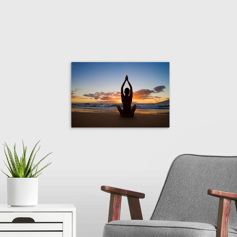 A modern room featuring Hawaii, Maui, Silhouette Of Beautiful Girl Doing Yoga On The Beach