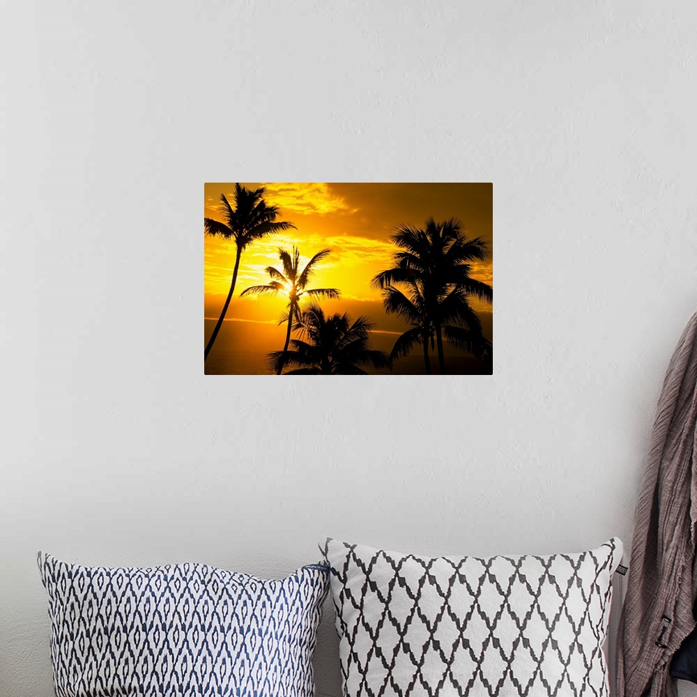 A bohemian room featuring Hawaii, Maui, View Of Palm Tree Tops, Orange Sunset In Background