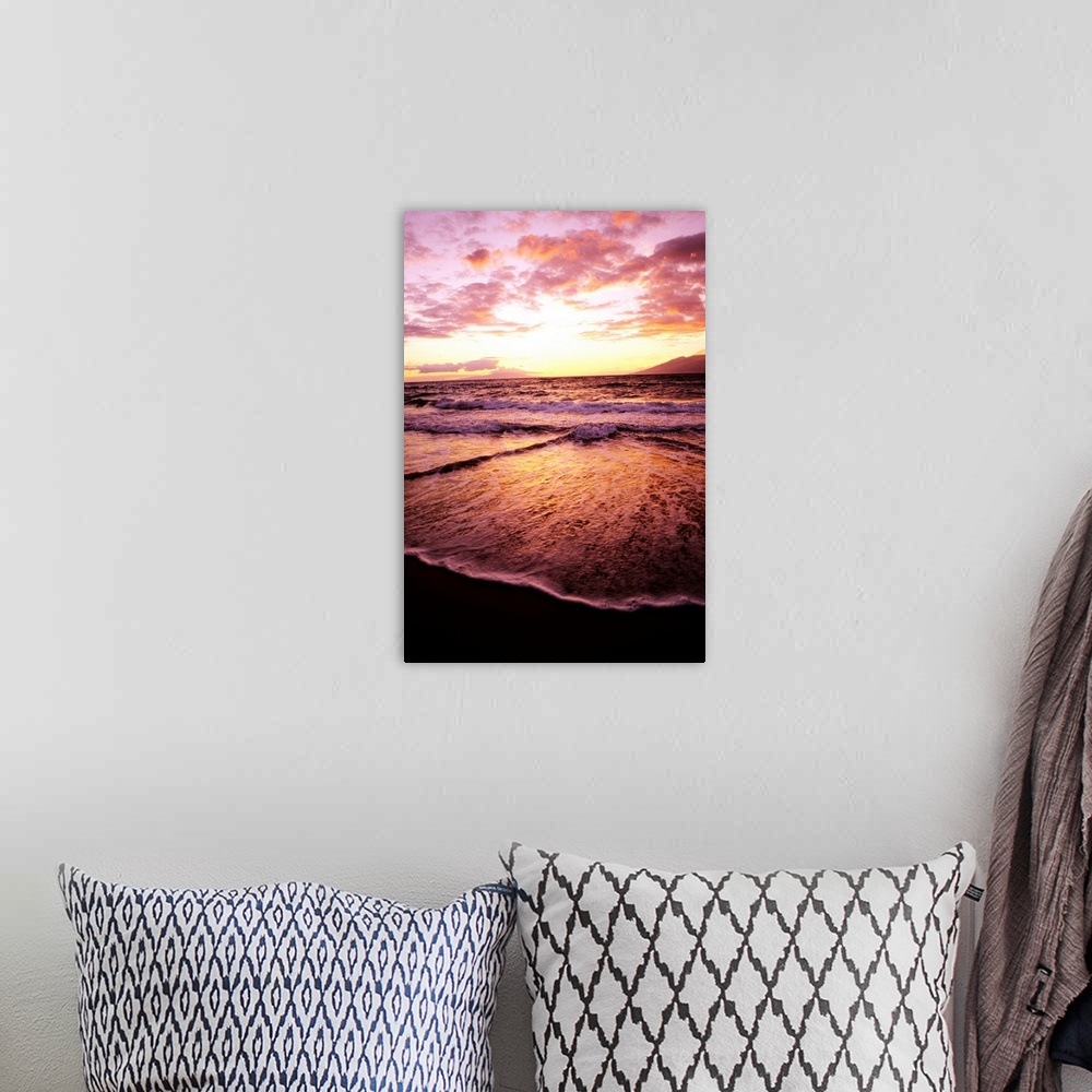 A bohemian room featuring Hawaii, Maui, Wailea Beach At Sunset, Pink Clouds And Reflections On Water
