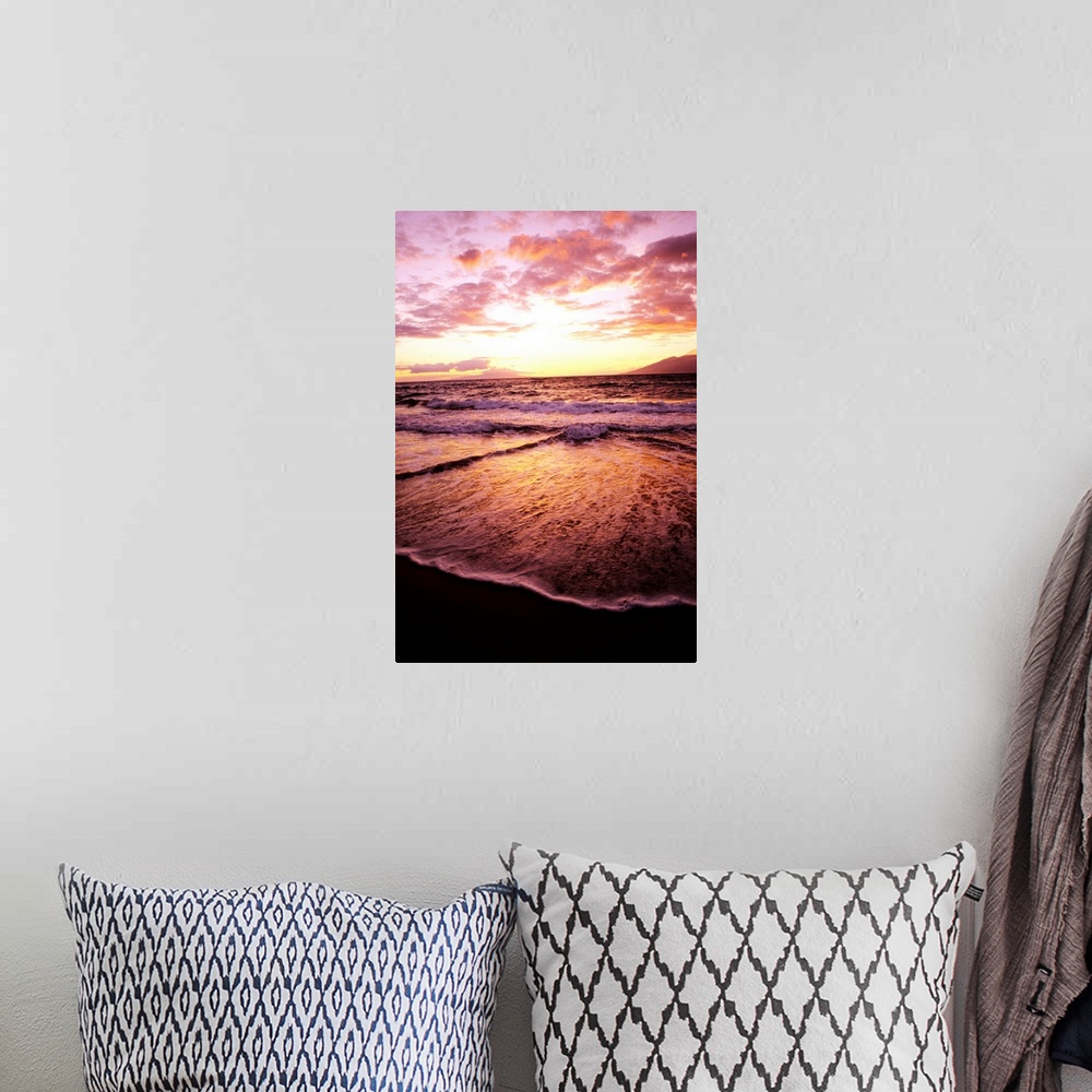 A bohemian room featuring Hawaii, Maui, Wailea Beach At Sunset, Pink Clouds And Reflections On Water