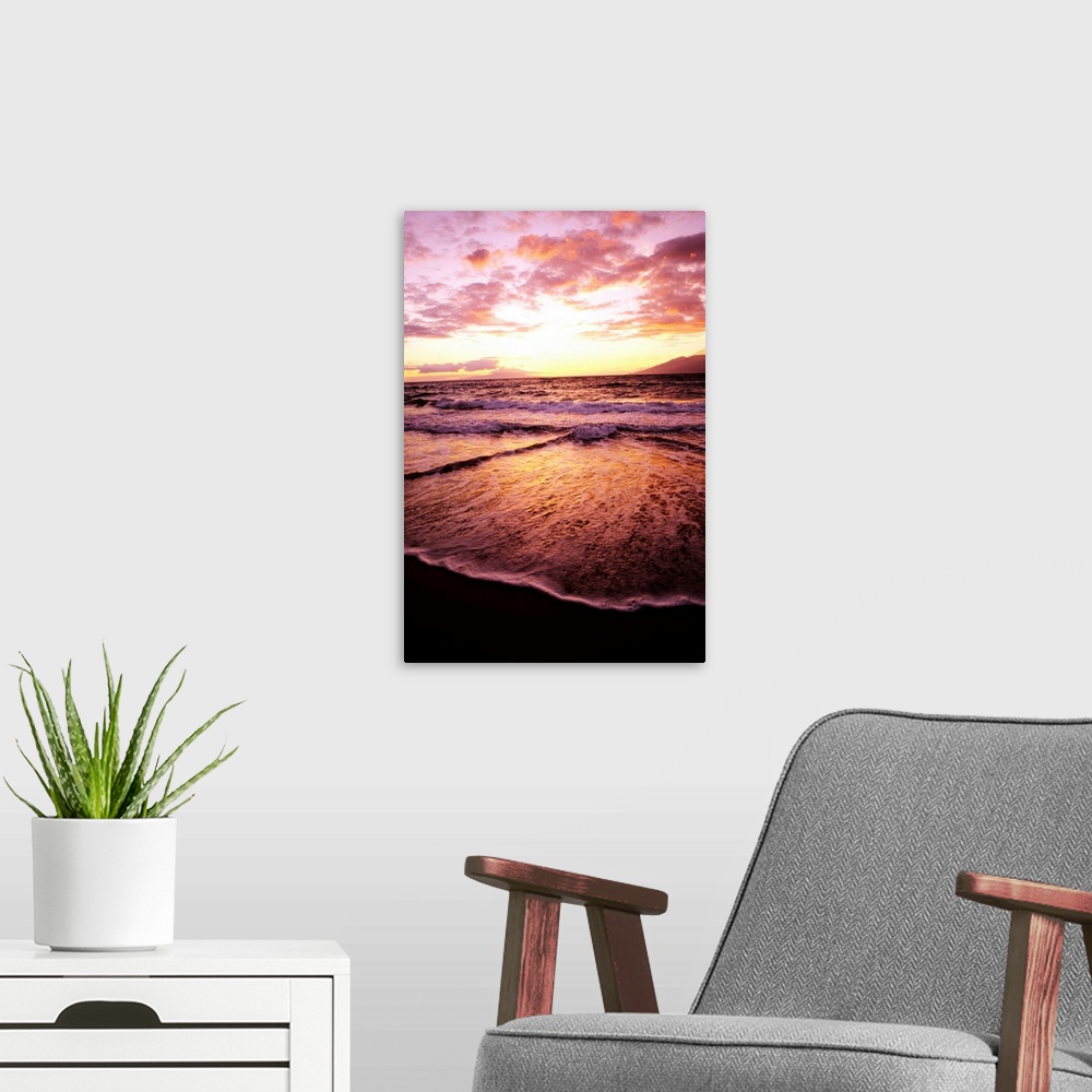 A modern room featuring Hawaii, Maui, Wailea Beach At Sunset, Pink Clouds And Reflections On Water