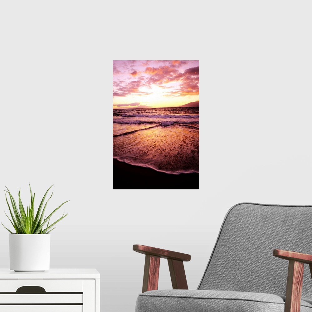 A modern room featuring Hawaii, Maui, Wailea Beach At Sunset, Pink Clouds And Reflections On Water