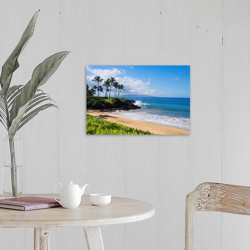 A farmhouse room featuring An idyllic photograph of the Hawaiian coast, with gently lapping water under a bright blue sky. T...