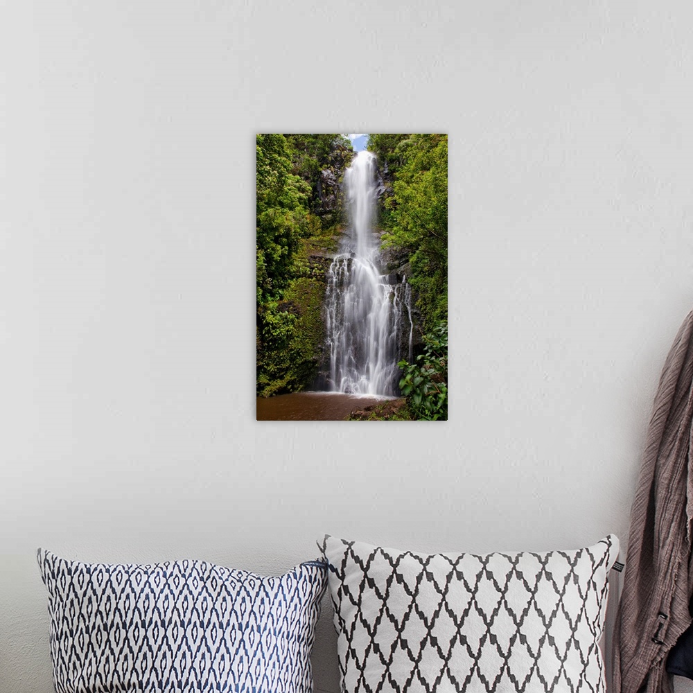 A bohemian room featuring Hawaii, Maui, Wailua Falls, Large Falls With Lush Foliage