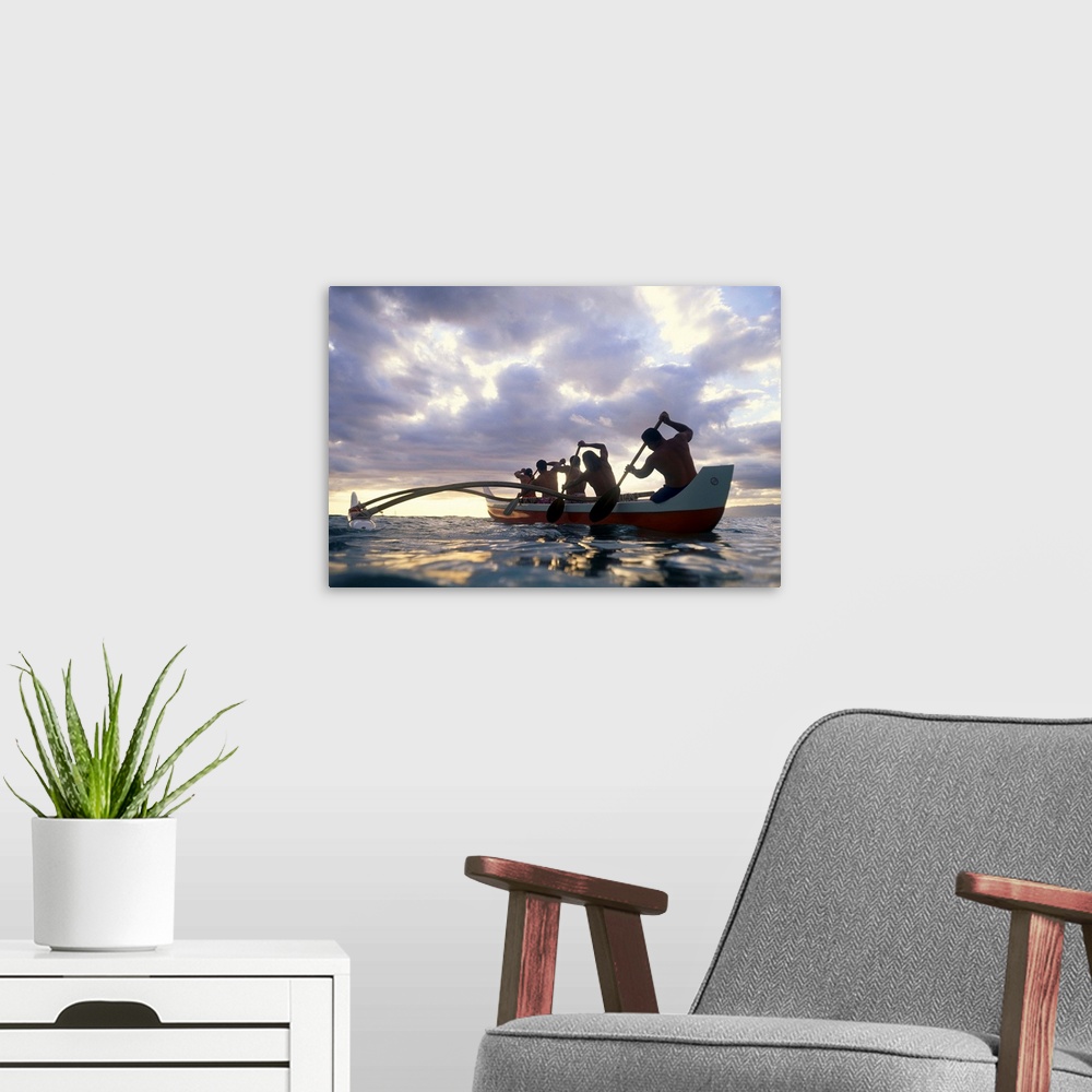 A modern room featuring Hawaii, Men On Outrigger Canoe Paddle Into Sunset Under Dramatic Clouds