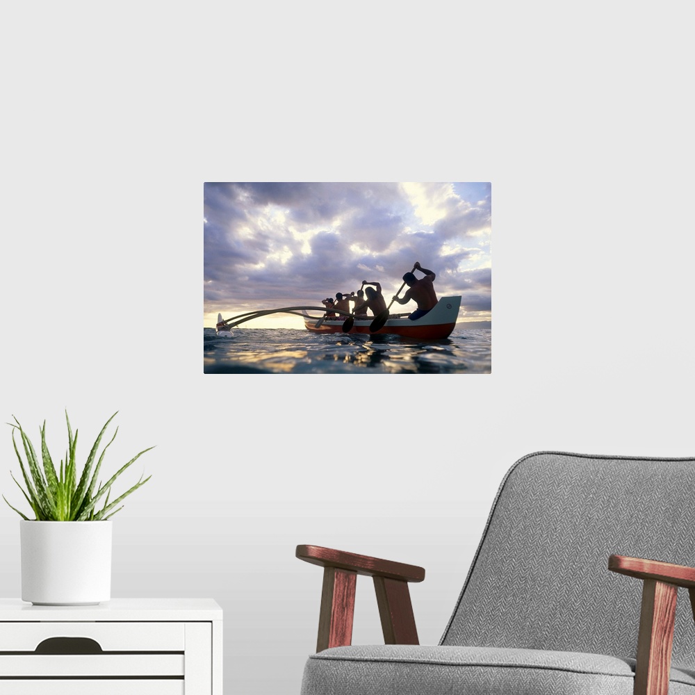 A modern room featuring Hawaii, Men On Outrigger Canoe Paddle Into Sunset Under Dramatic Clouds