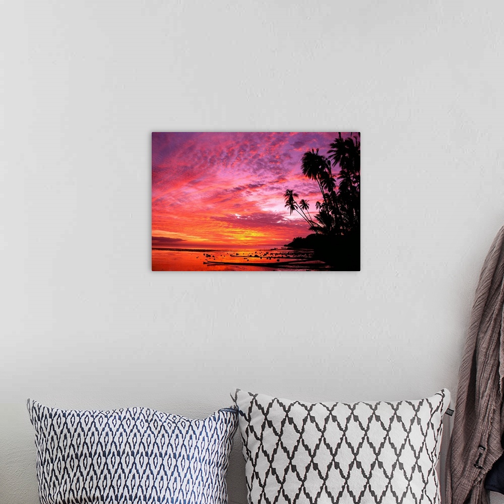 A bohemian room featuring Photograph of shoreline covered in palm trees under a colorful cloudy sky at dusk.